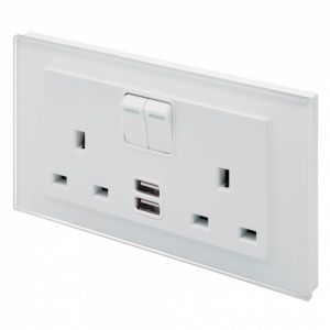 Crystal PG 2.1A USB & 13A DP Double Plug Socket with Switch White